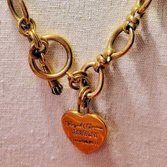 Vtg. Royal Juicy Couture Logo Heart Gold Tone Chain Link Necklace Toggle Rare - Picture 5 of 7